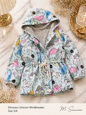 Kids Unicorn Dinosaur Windbreaker Jacket Size 5/6 in GUC